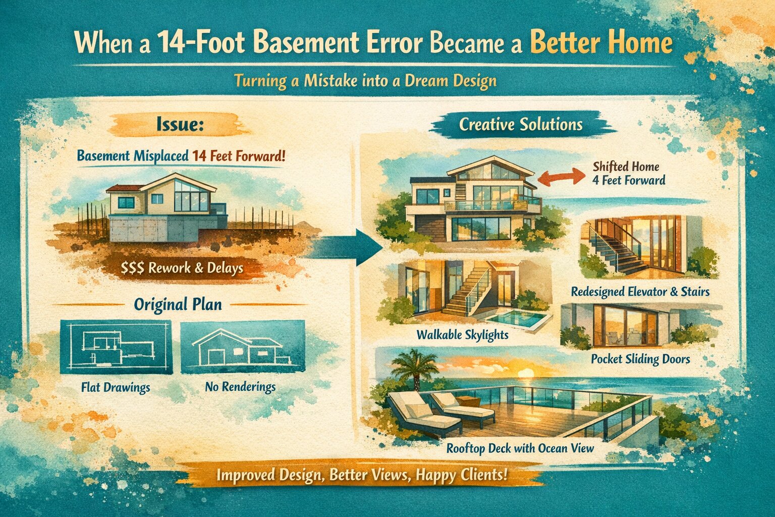 Case study infographic of a basement placement error turned into improved home design with better layout and features by Mark Nichols MNichols Design