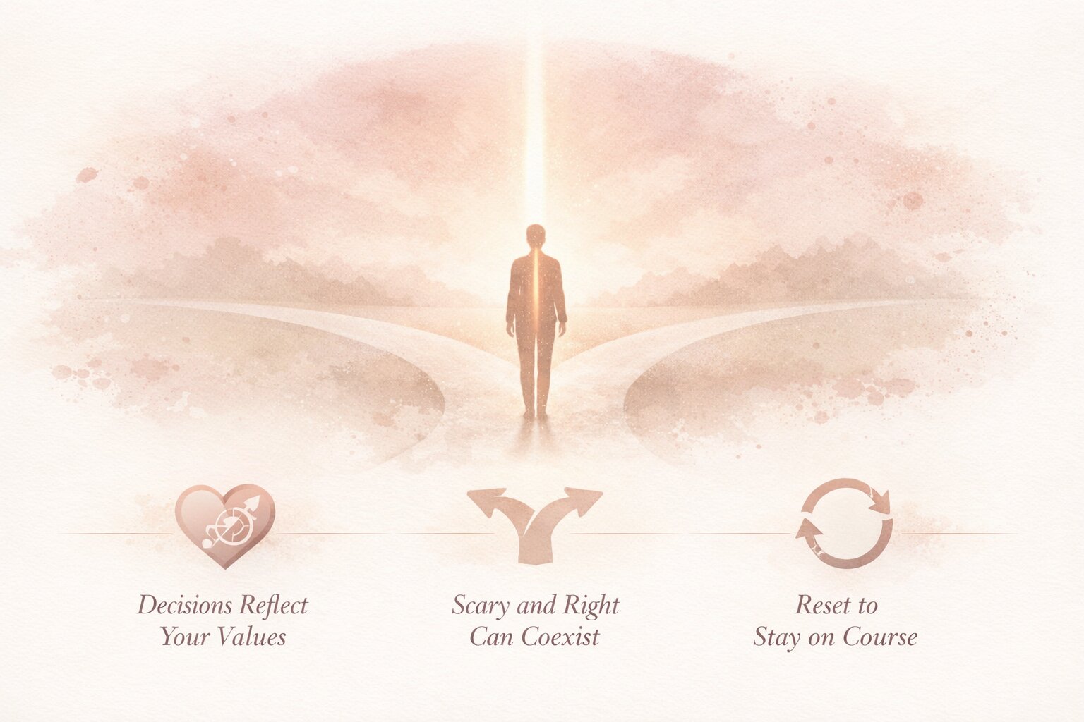 Debbie Biery Switch Retreats alignment concept visual showing a person at a crossroads representing decisions reflecting values courage and staying on course