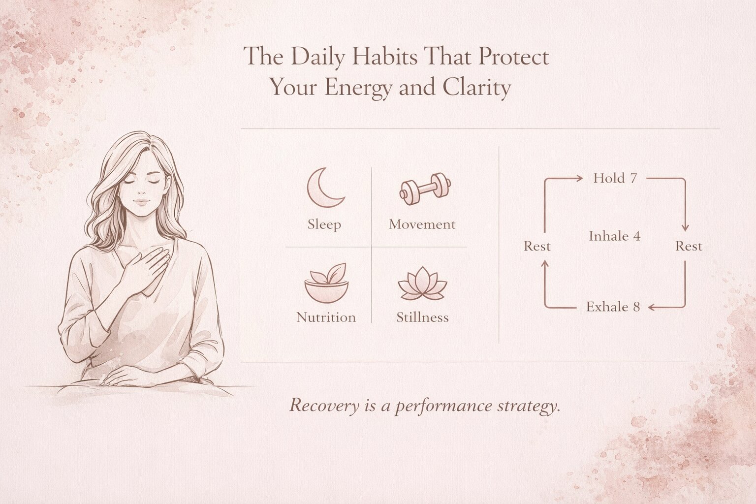 Debbie Biery Switch Retreats daily habits infographic featuring sleep nutrition movement stillness and breathwork for energy and clarity