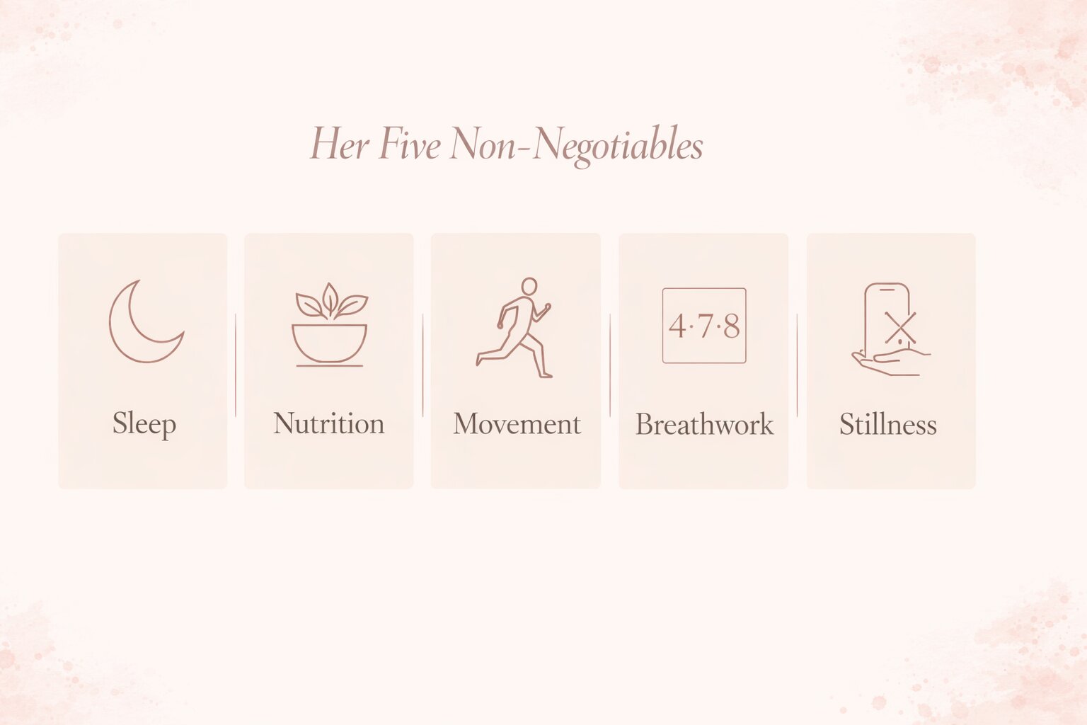 Debbie Biery Switch Retreats five non negotiables infographic showing sleep nutrition movement breathwork and stillness as core habits