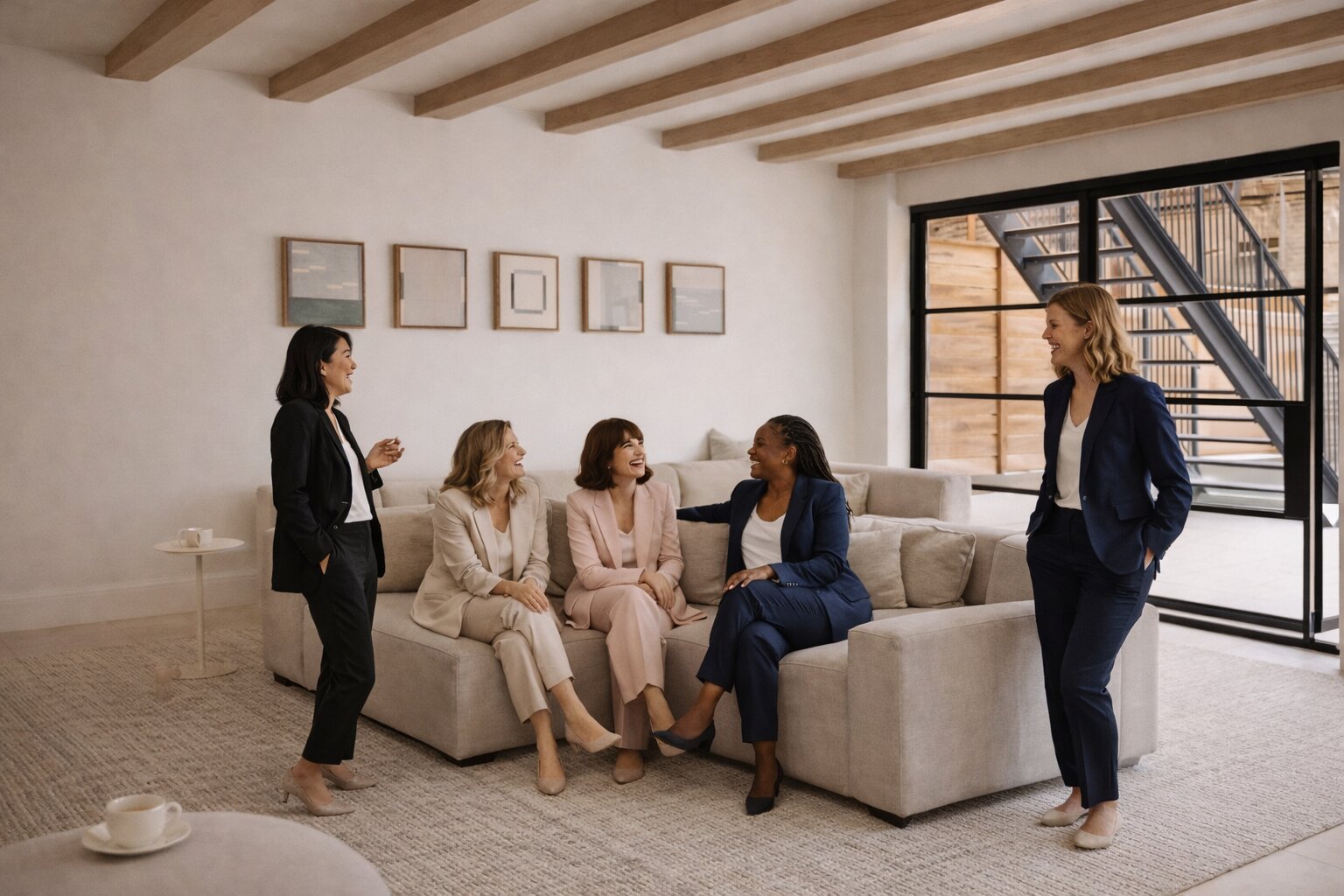 Debbie Biery Switch Retreats leadership coaching scene showing a group of professional women in discussion in a modern living room setting