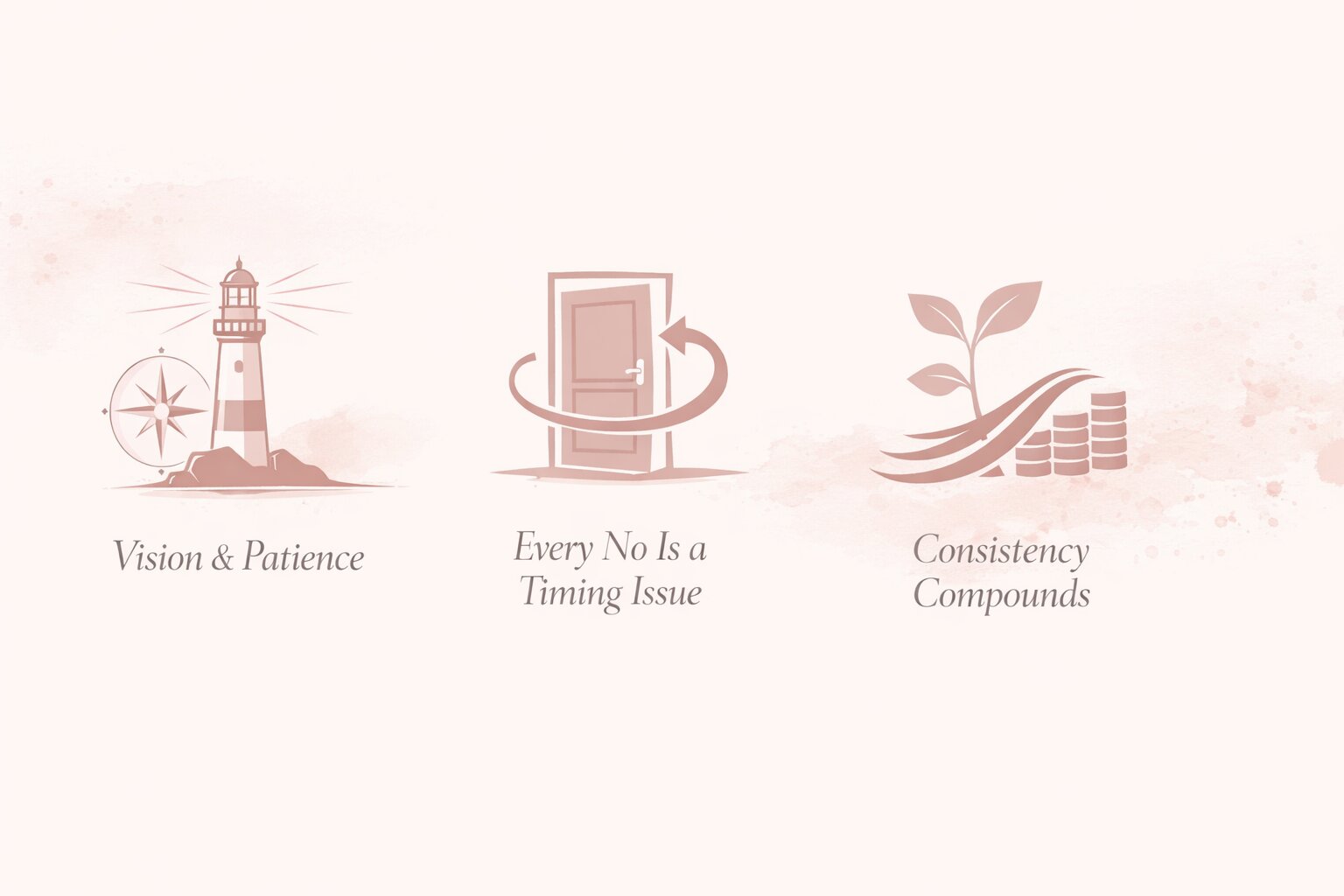 Debbie Biery Switch Retreats leadership principles infographic illustrating vision and patience every no is a timing issue and consistency compounds