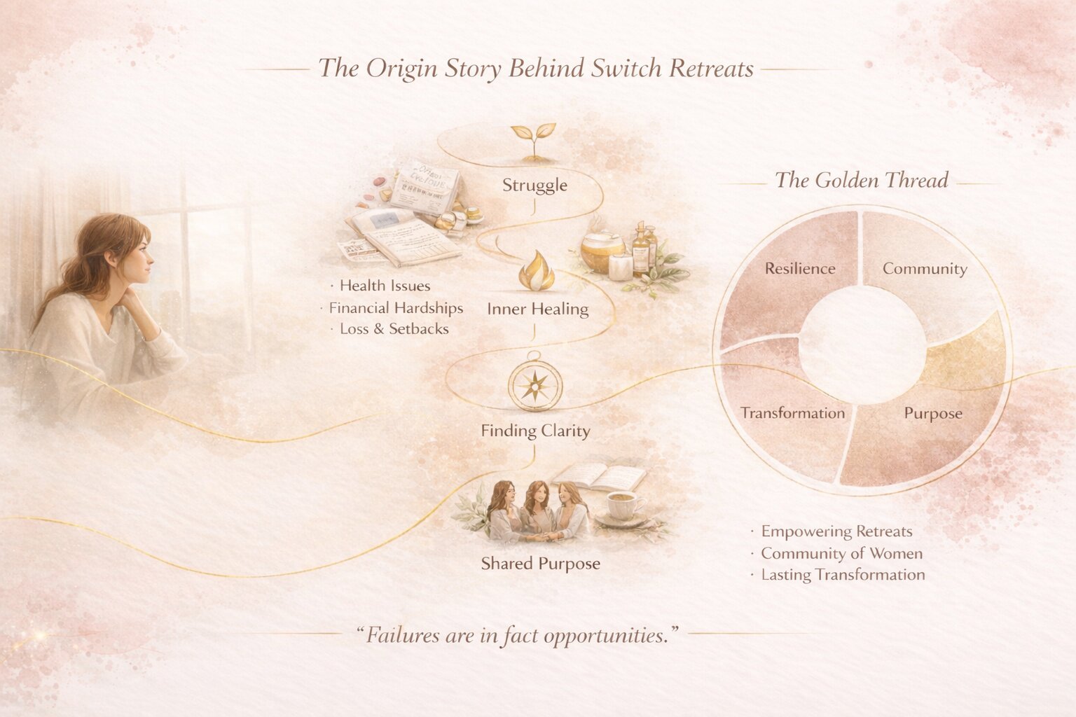 Debbie Biery Switch Retreats origin story infographic showing journey from struggle and setbacks to inner healing clarity and transformation through retreats