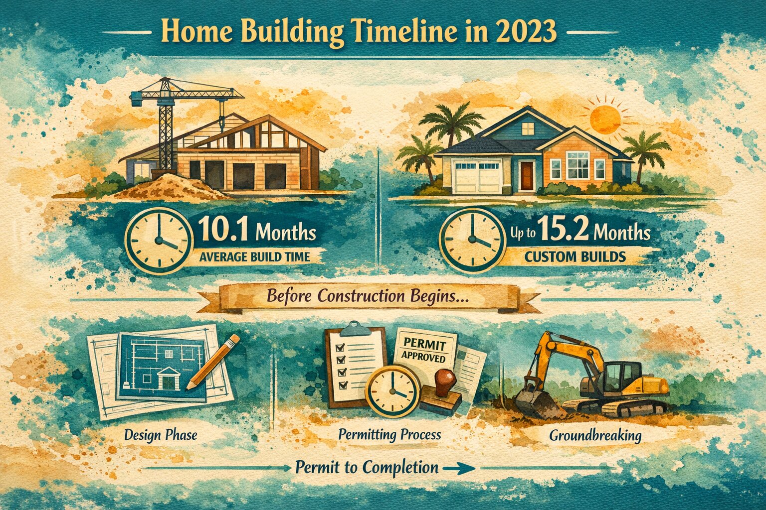 Home building timeline showing average build time and custom build duration from permit to completion by Mark Nichols MNichols Design