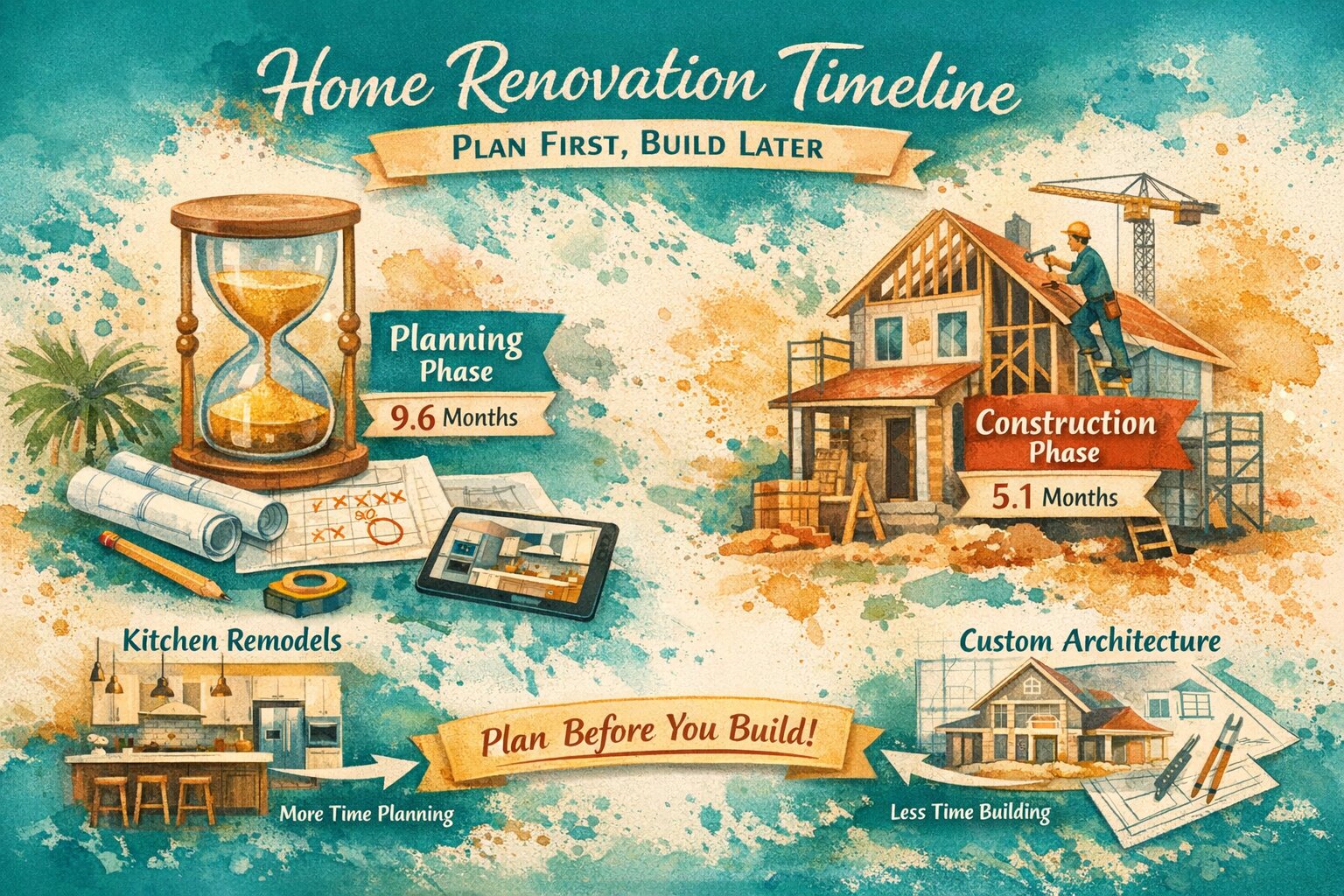 Home renovation timeline infographic comparing planning phase and construction phase durations in projects by Mark Nichols MNichols Design