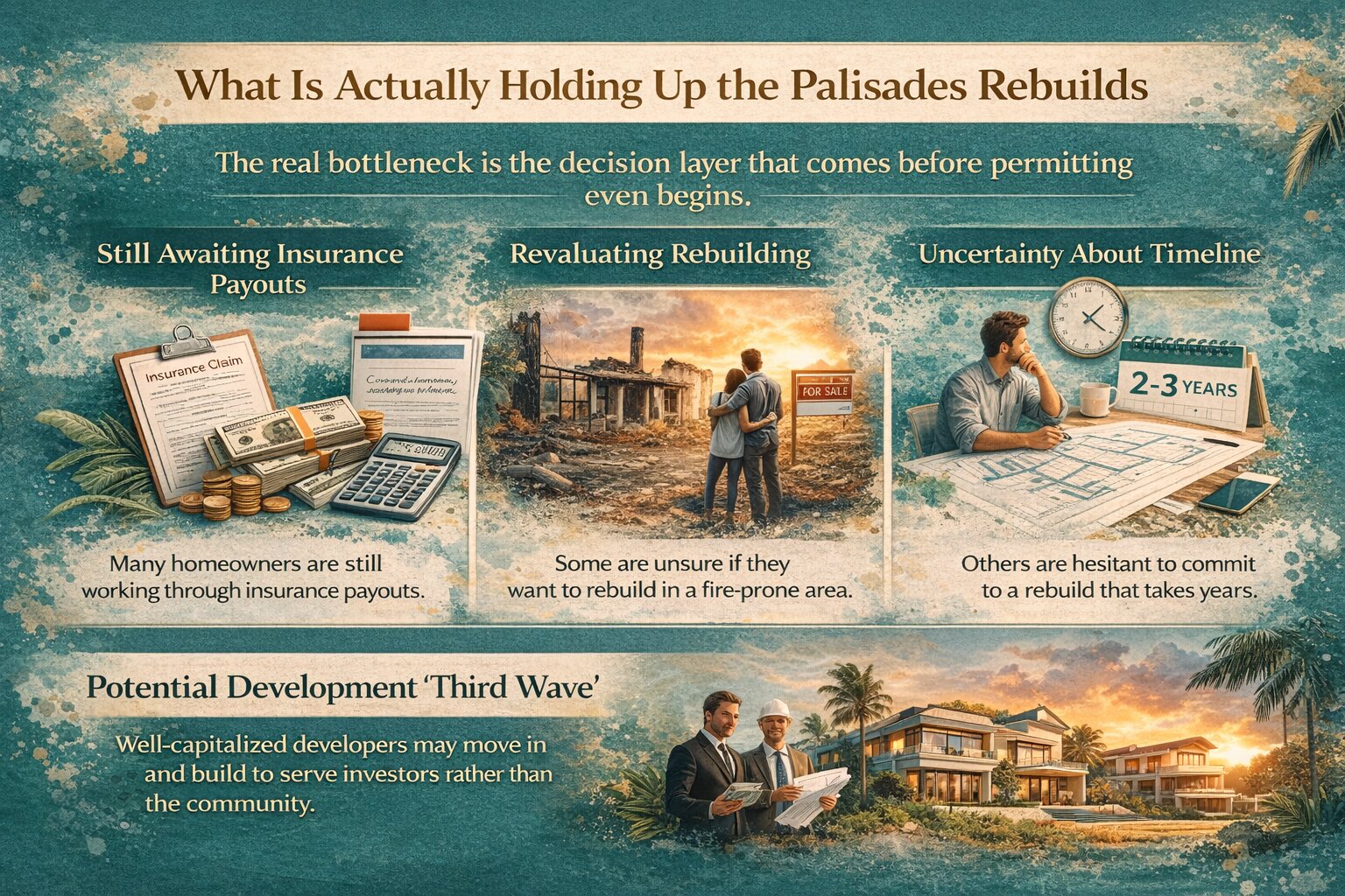 Infographic illustrating delays in Palisades rebuilds due to insurance, decision uncertainty, and timeline concerns by Mark Nichols MNichols Design
