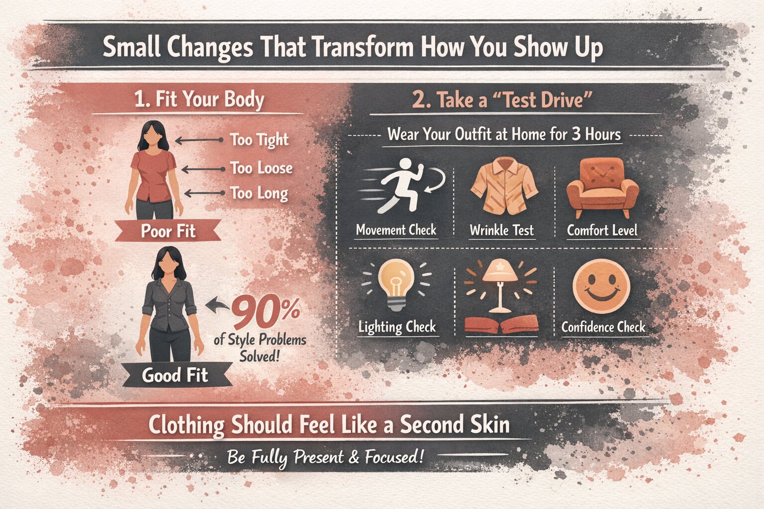 Jordan Stolch MiKADO Personal Styling small changes infographic showing importance of clothing fit and outfit test drive to improve confidence