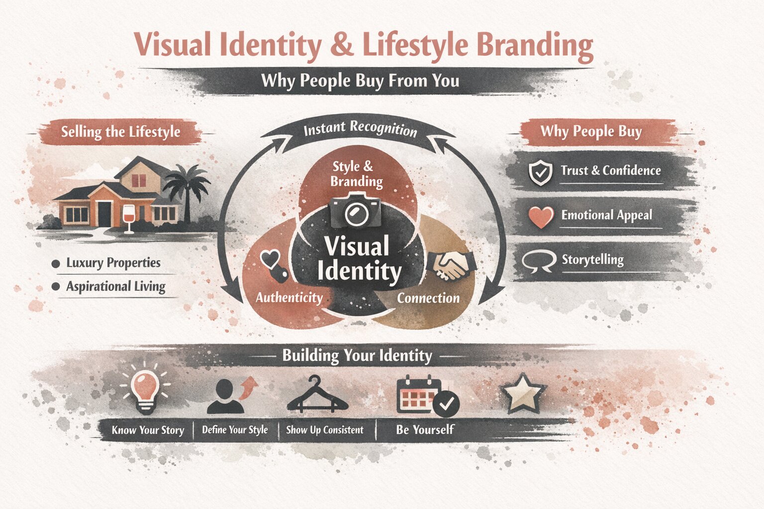 Jordan Stolch MiKADO Personal Styling visual identity and lifestyle branding infographic explaining trust, emotional connection, and storytelling in business