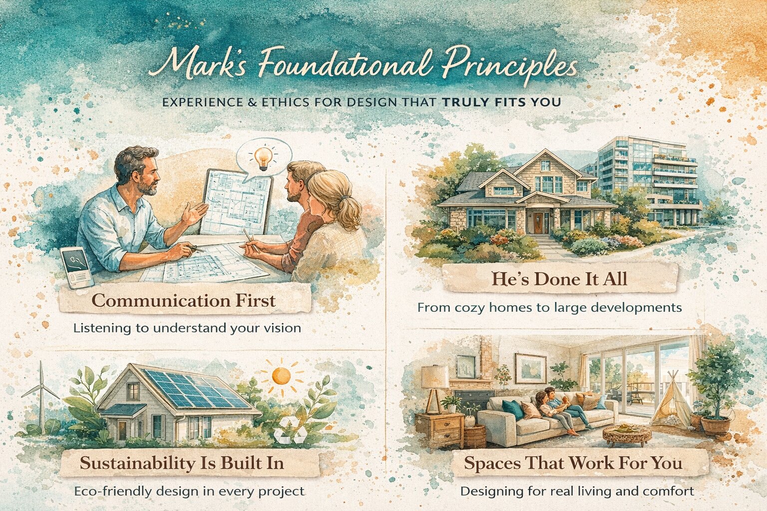Mark Nichols MNichols Design infographic illustrating architectural process principles including client communication experience sustainability and functional space design