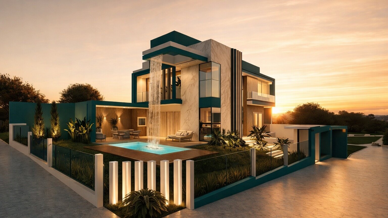 Modern luxury home exterior at sunset featuring clean architectural lines, pool, and landscaping by Mark Nichols MNichols Design