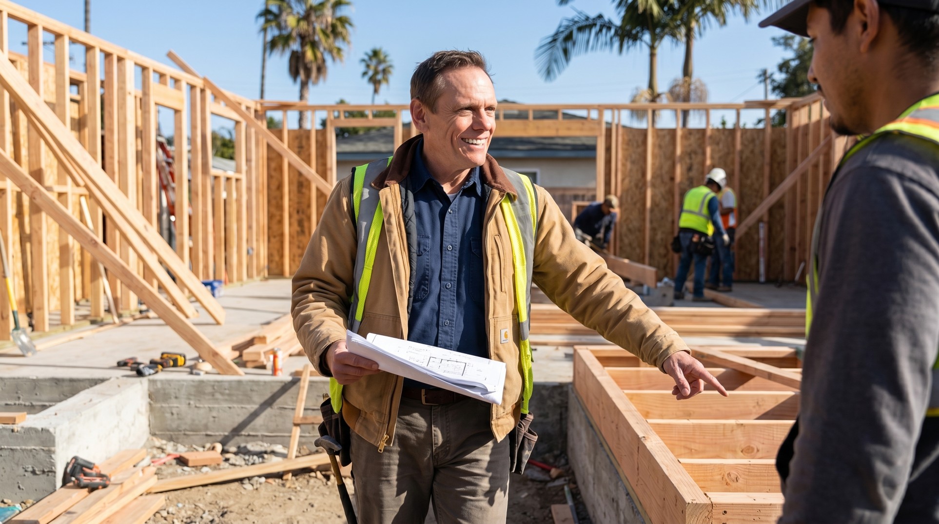 Seth Phillips ADU Gold Los Angeles walking ADU jobsite holding plans and pointing at framing during LUXEtalk podcast feature