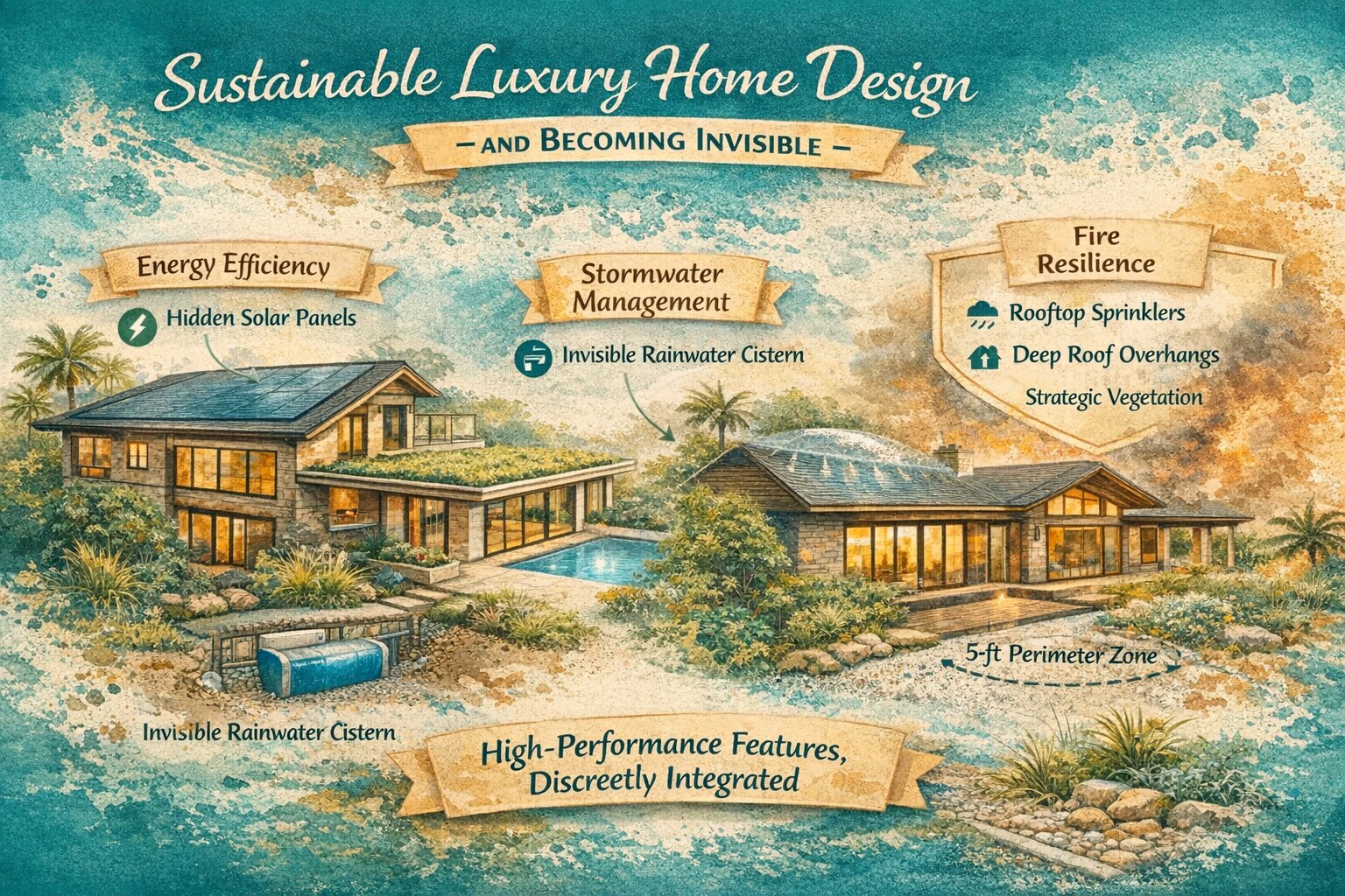 Sustainable luxury home design showing hidden solar panels, stormwater management, and fire resilience features by Mark Nichols MNichols Design