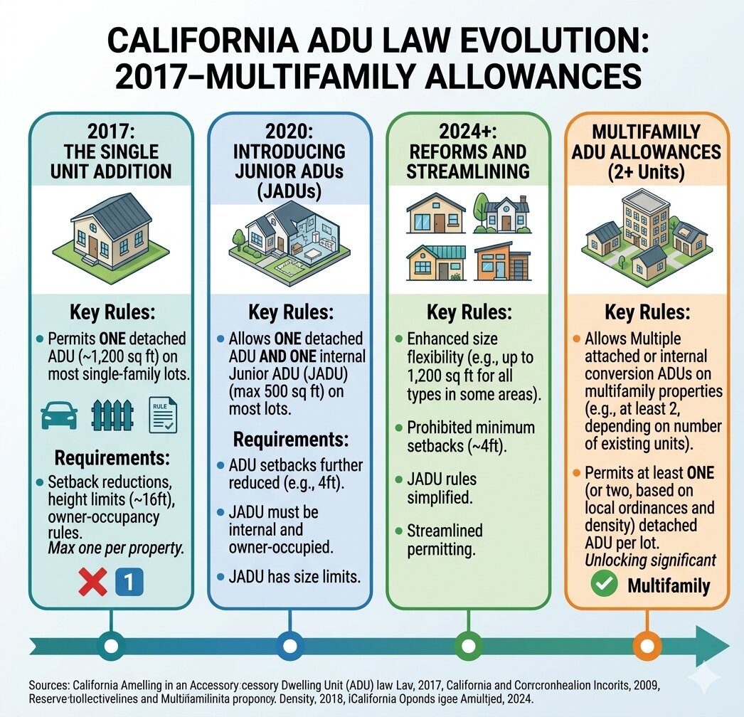 Comparison chart showing the evolution of California ADU laws from 2017 through the addition of junior ADUs and multifamily ADU allowances