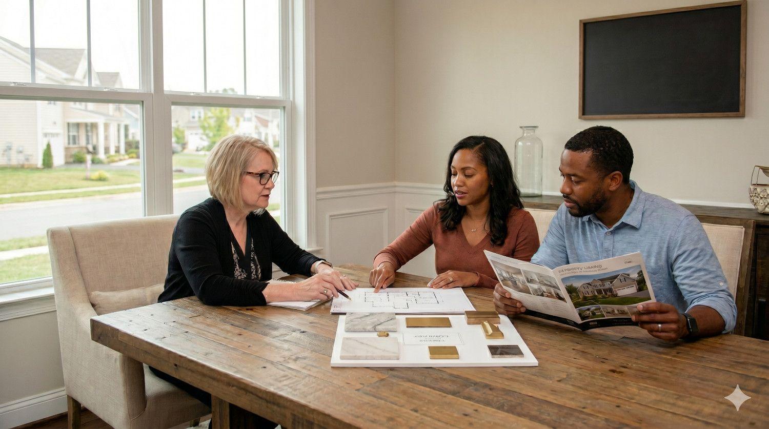 Cynthia Murphy reviewing floor plans and material samples with a couple at a table