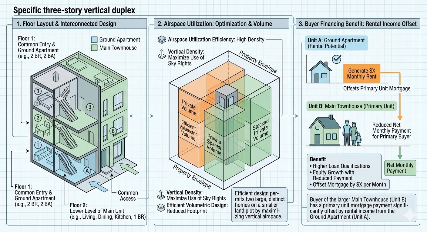 Diagram illustrating ADU Gold's three-story vertical duplex concept showing floor layout airspace utilization and first-time buyer financing benefit through rental income