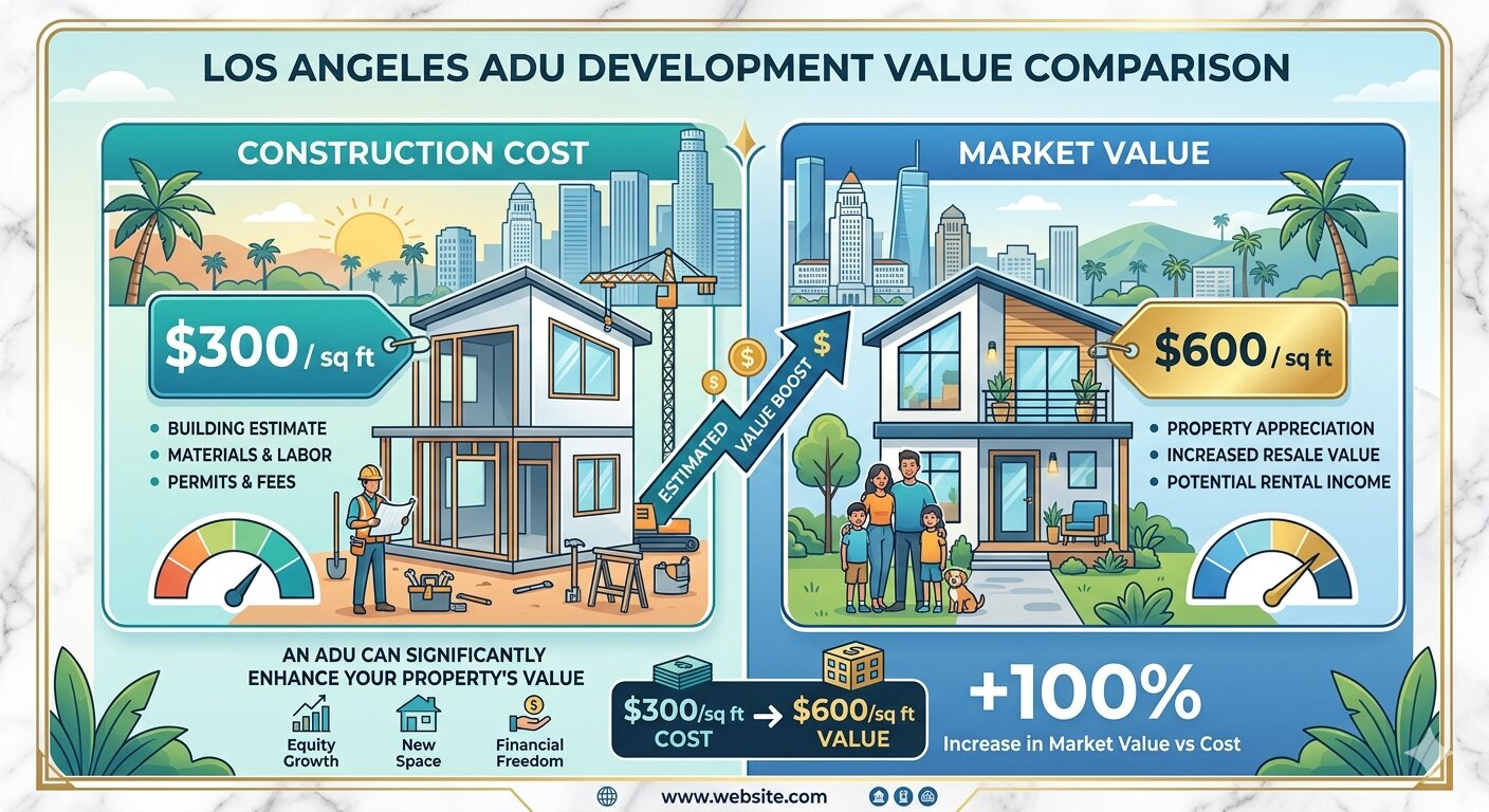 Infographic comparing ADU construction cost of 300 dollars per square foot versus 600 dollar per square foot market value in Los Angeles California