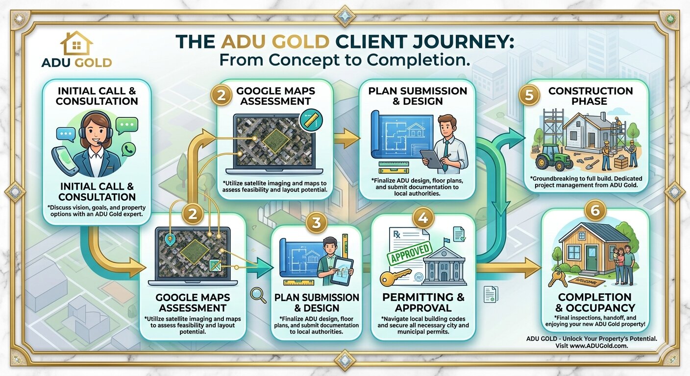 Step-by-step process diagram showing the ADU Gold development journey from initial client call through permitting and construction completion in California