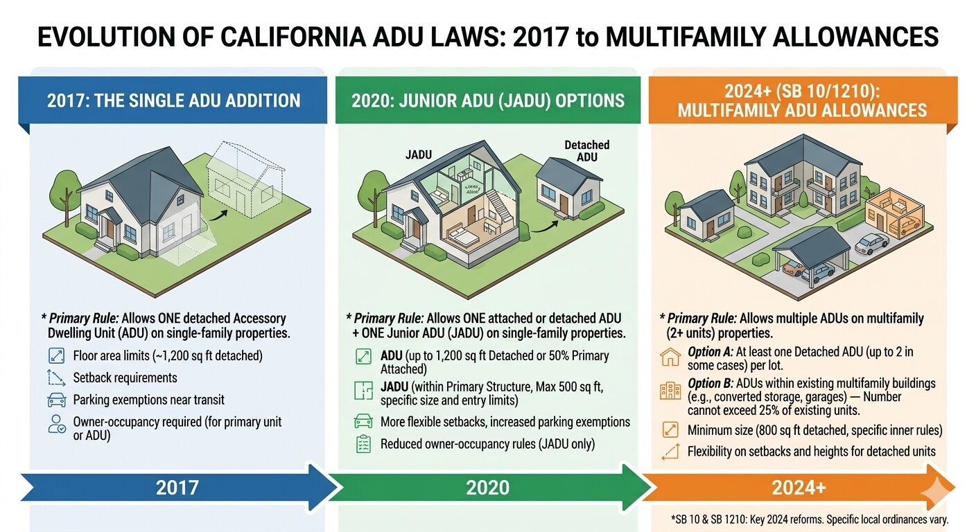 Timeline infographic showing Seth Phillips career path from house flipping in 2007 to luxury construction in Beverly Hills to founding ADU Gold in California