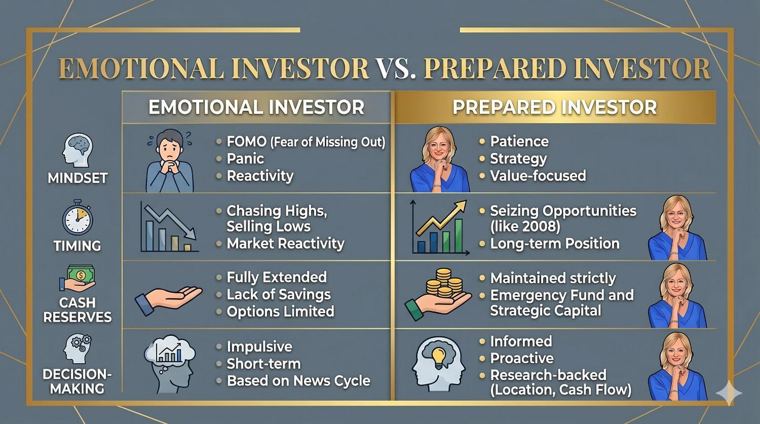 a comparison chart contrasting the traits of an emotional investor versus a prepared investor