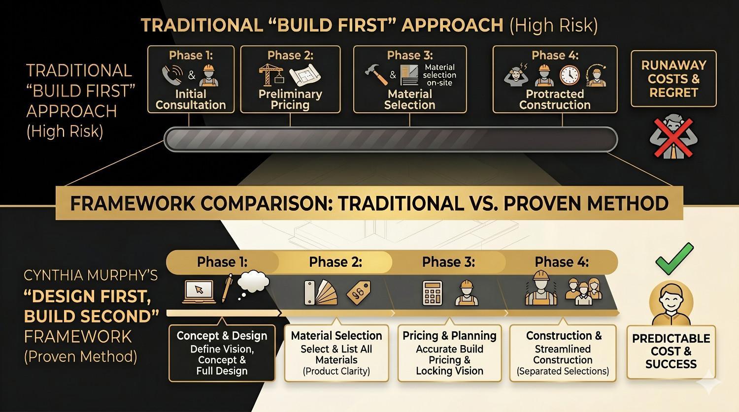a timeline diagram comparing the high-risk traditional build-first approach to Cynthia Murphy's design-first, build-second framework