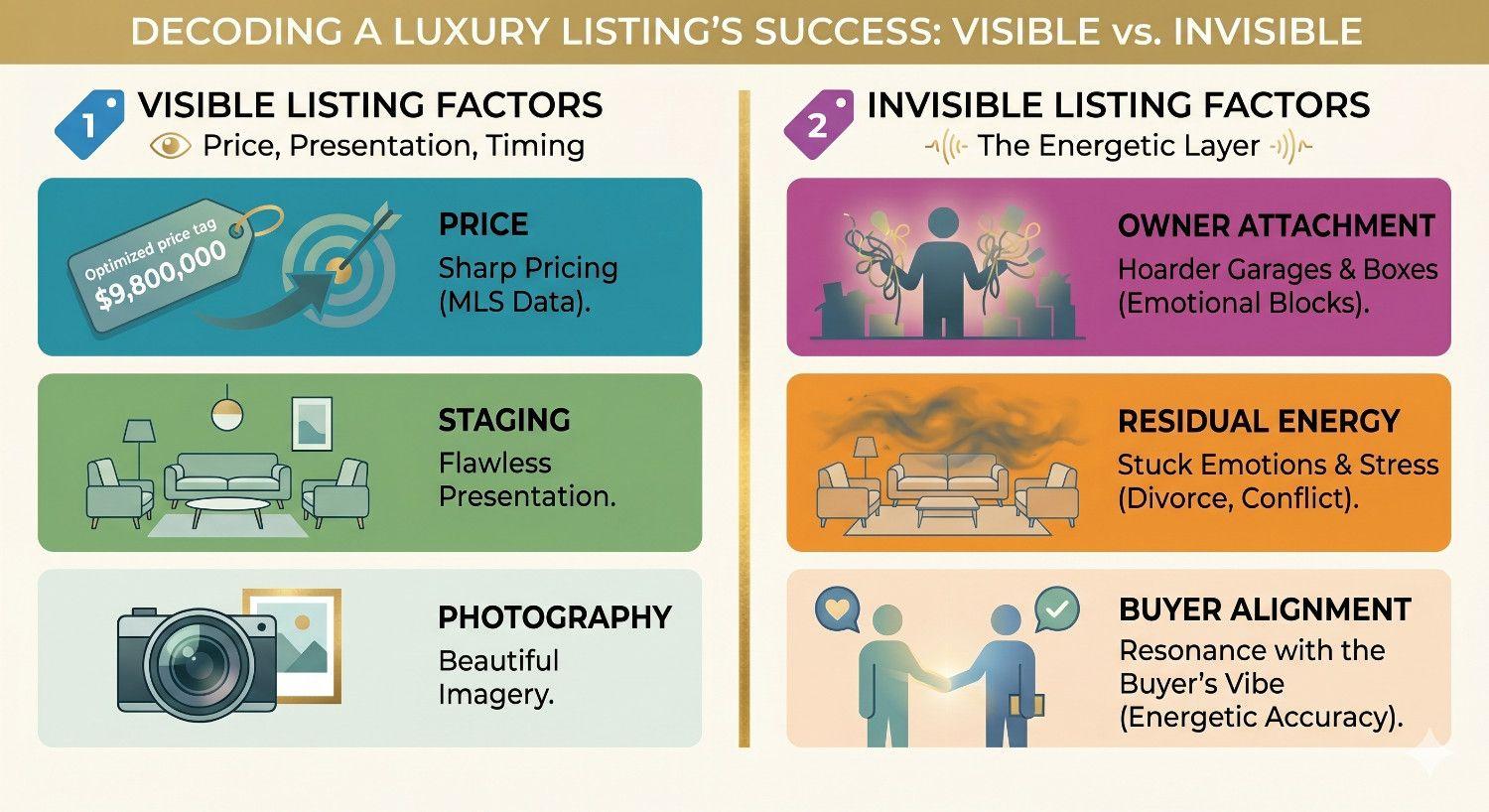an infographic comparison graphic illustrating the 'Visible' MLS listing factors side-by-side with the 'Invisible' energy factors
