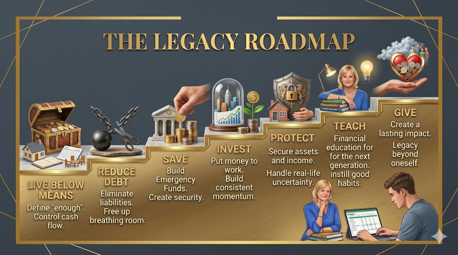 an infographic outlining the Legacy Roadmap phases from living below means to giving