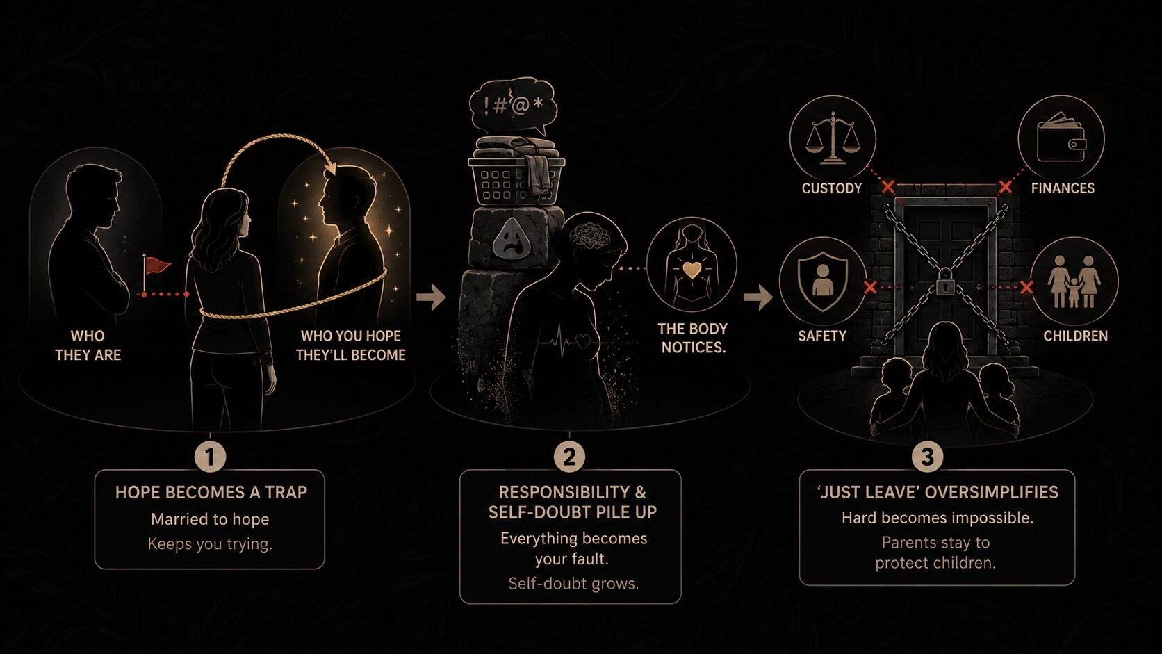 Christine Dillard and The Truth She Showed Me infographic explaining how hope, self-doubt, finances, safety, and children can make leaving difficult.