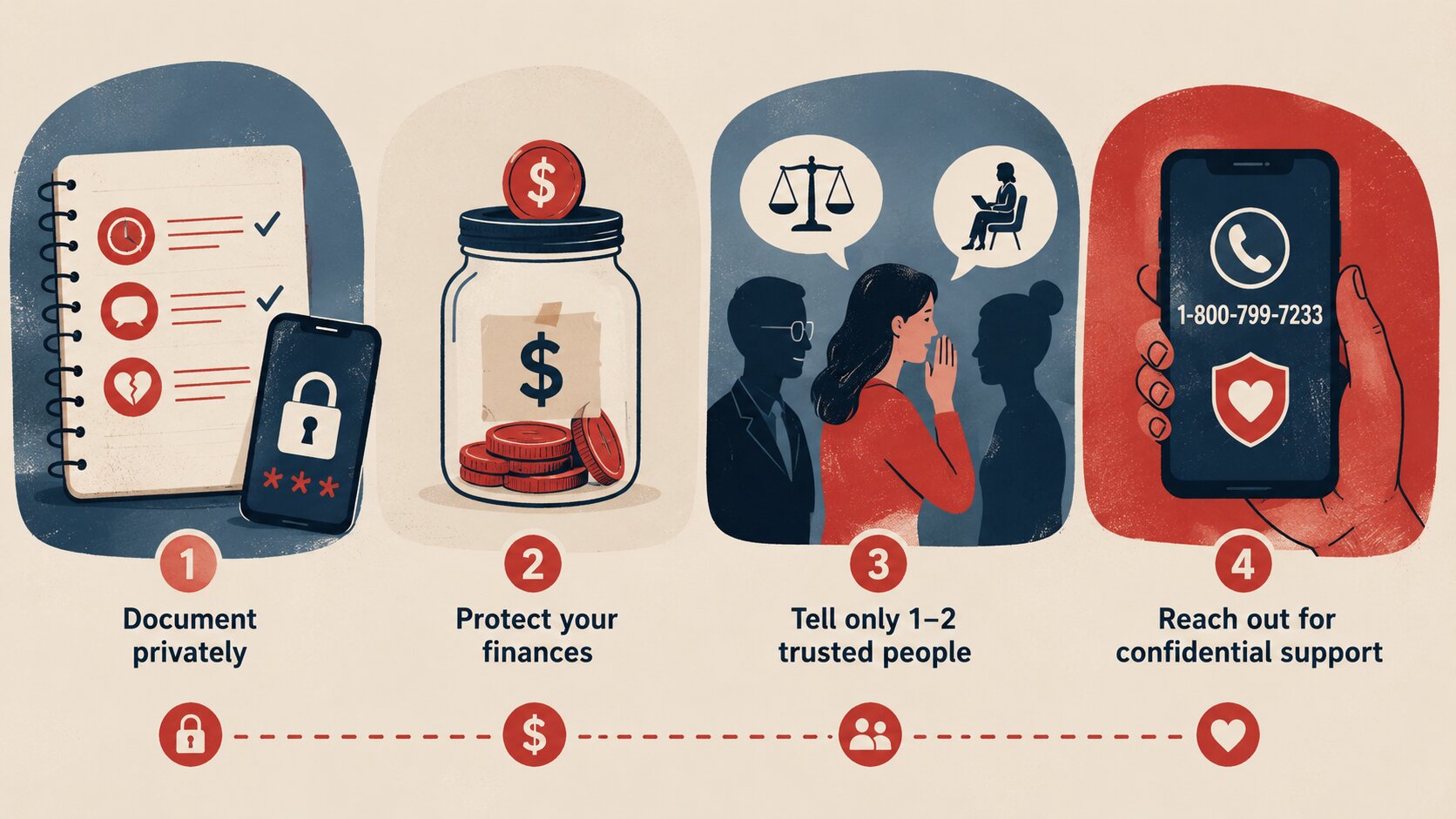 Christine Dillard and The Truth She Showed Me infographic showing steps to document behavior, protect finances, tell trusted people, and seek confidential support.