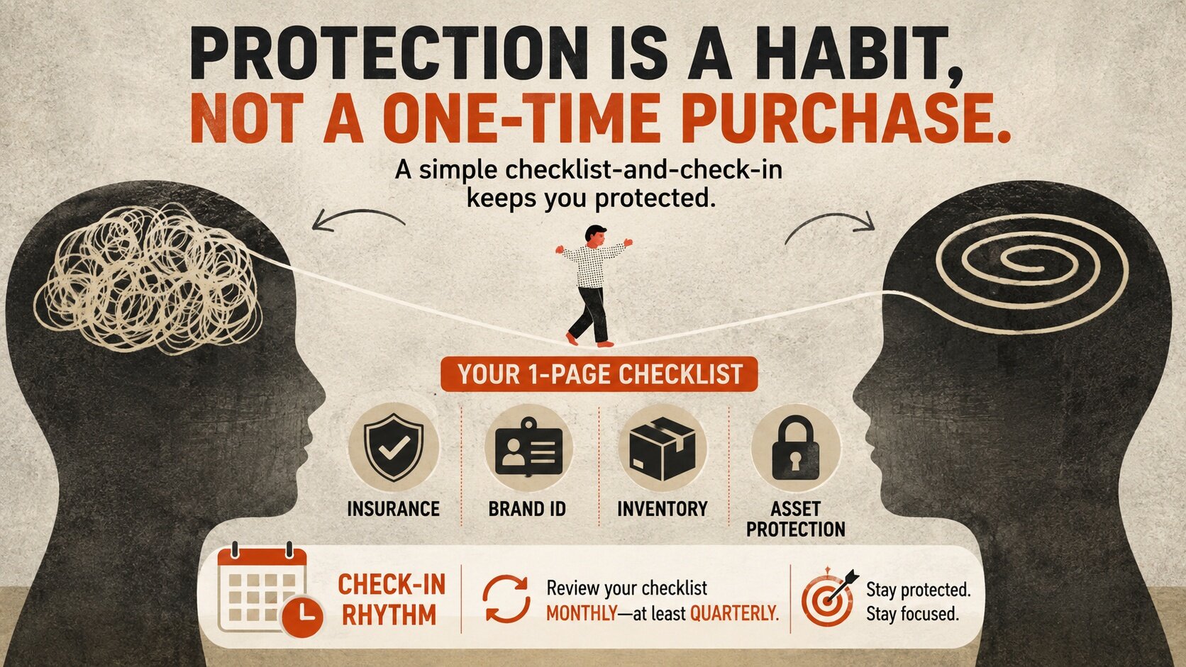 Hillary Johns, Trial Lawyer, emphasizes making protection an ongoing habit through regular checks of insurance, brand identity, inventory, and assets.