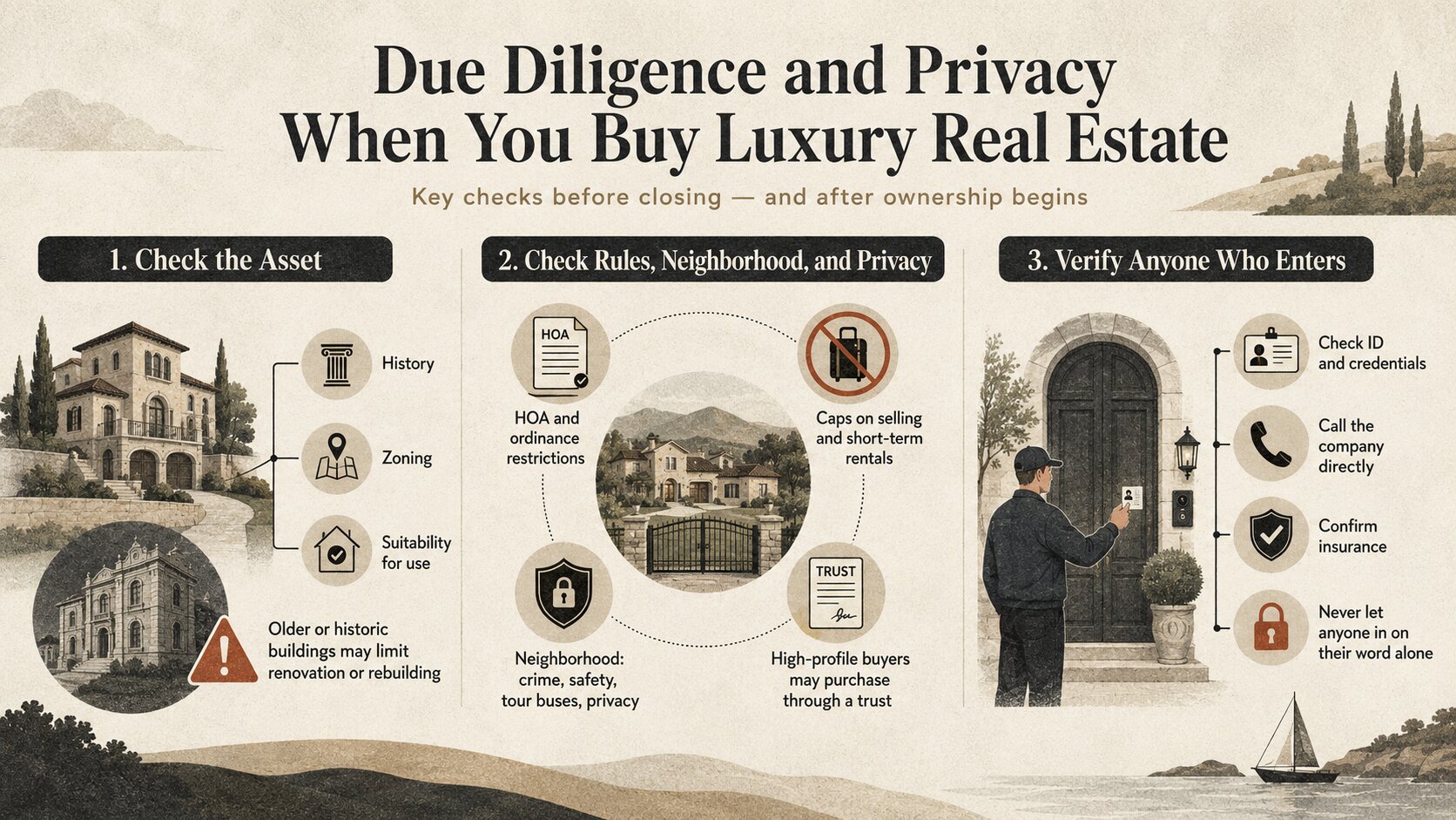 Hillary Johns, Trial Lawyer, highlights due diligence and privacy considerations when buying luxury real estate, including asset checks, rules, and verification.