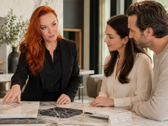 Olga Rakhmatulina advising homeowners on luxury stone selection