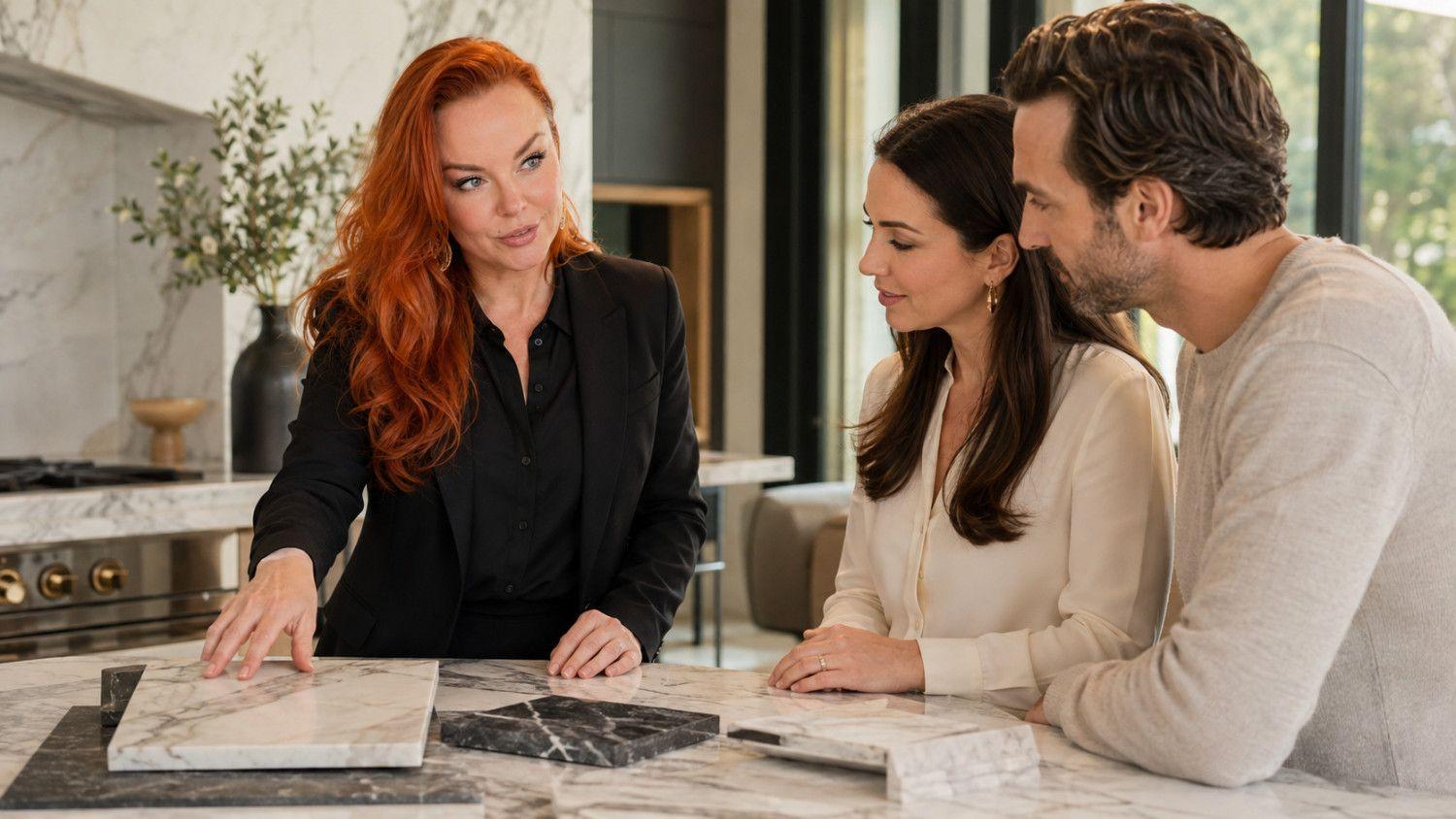Olga Rakhmatulina advising homeowners on luxury stone selection