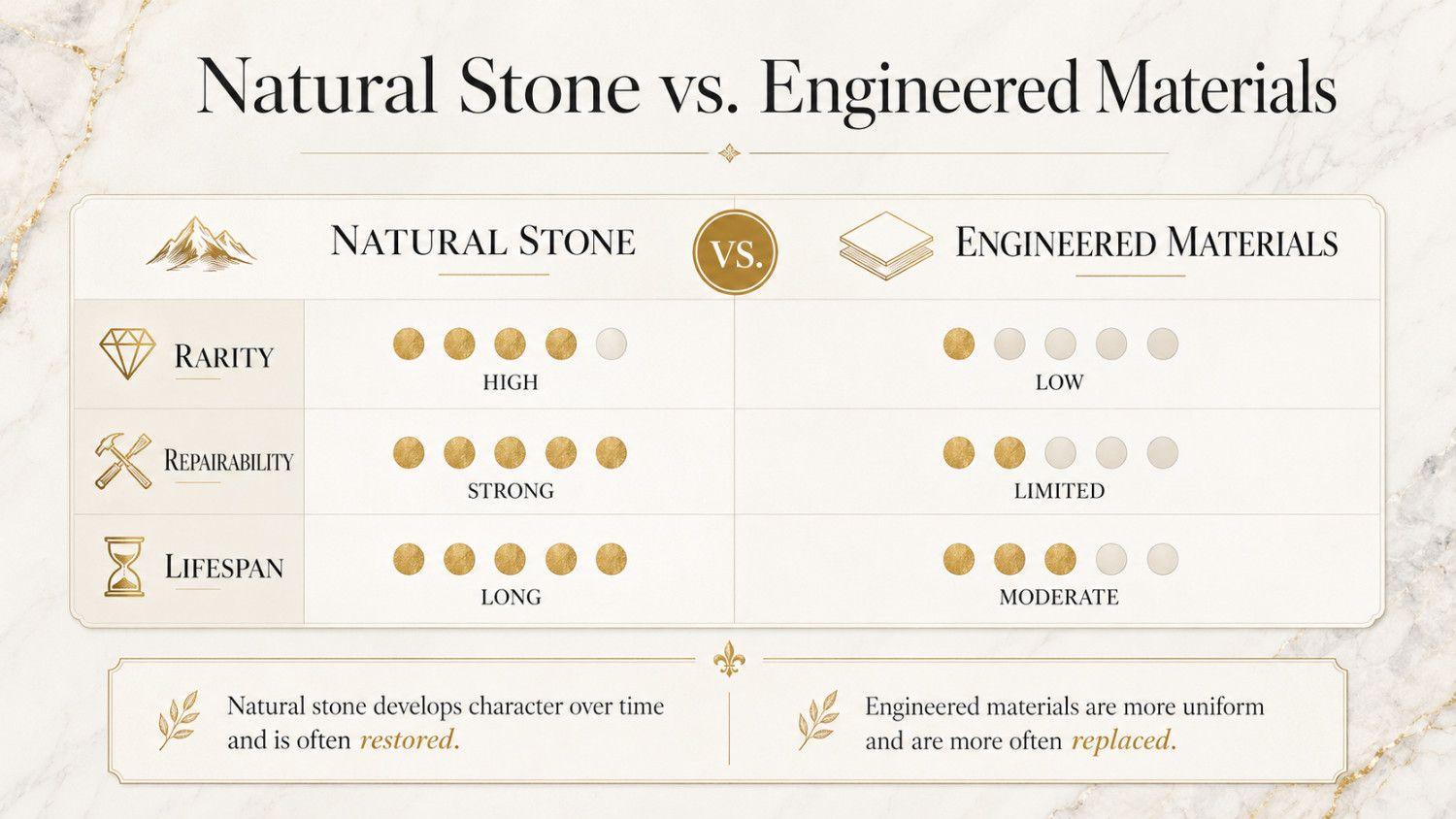 comparison chart of natural stone and engineered materials by rarity, repairability, and lifespan