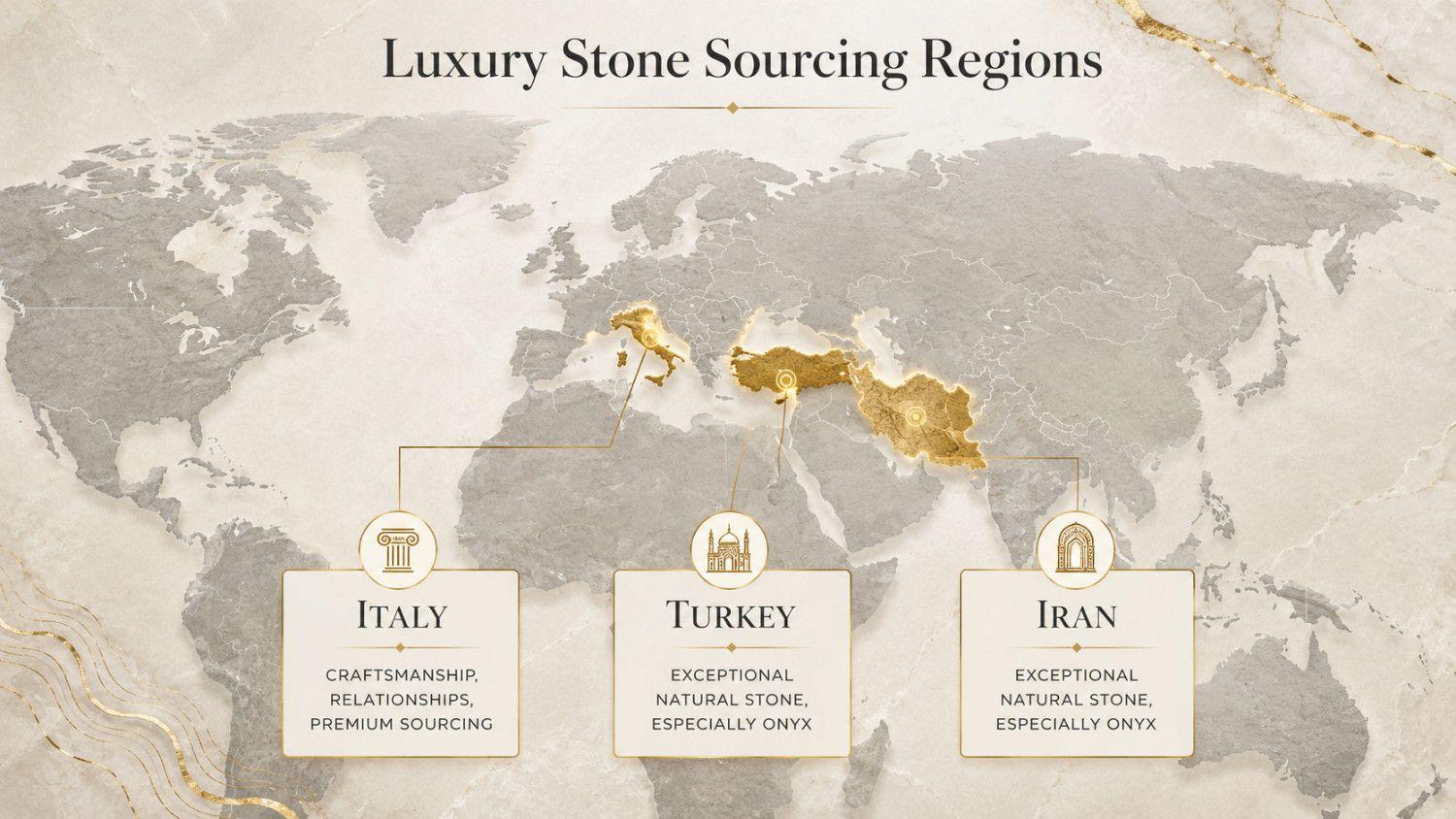 world map highlighting Italy, Turkey, and Iran as top luxury stone sourcing regions