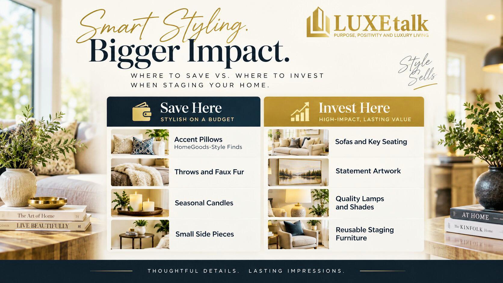 Comparison chart of budget staging swaps versus high-impact investment pieces