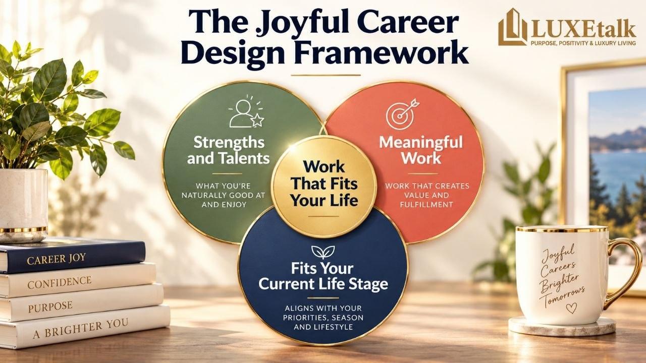 Joyful career design framework showing strengths, meaningful work, and life stage